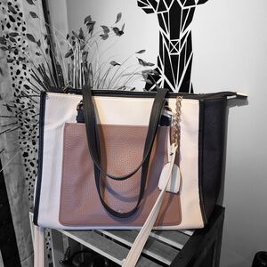 Cream and Black Structured Tote Bag with Minimalist Design